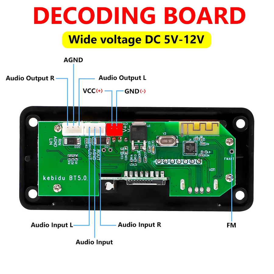 KEBIDU Bluetooth MP3-Player Kabelloses DC 12V MP3-Decoder-Board mit USB-C, TF-Slot und FM-Radio in Schwarz - Bild 2