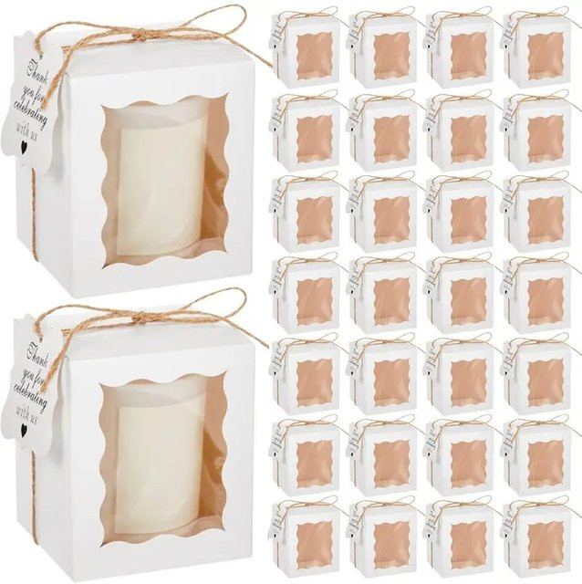 Kerzen-Geschenkboxen aus Papier mit transparentem Fenster, Etikett und Schnur, Weiß, 10 oder 30 Stück - Bild 1