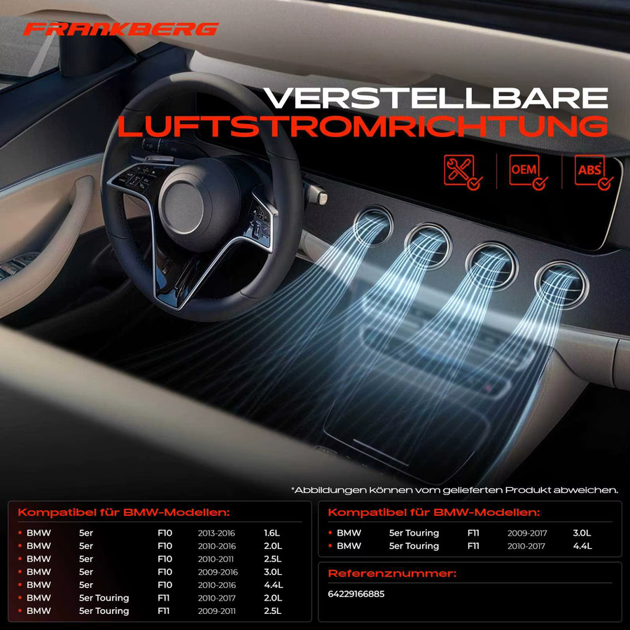 Frankberg Luftdüse für Armaturenbrett vorne Mitte passend für BMW 5er F10 F11 2009-2017, Schwarz - Bild 2
