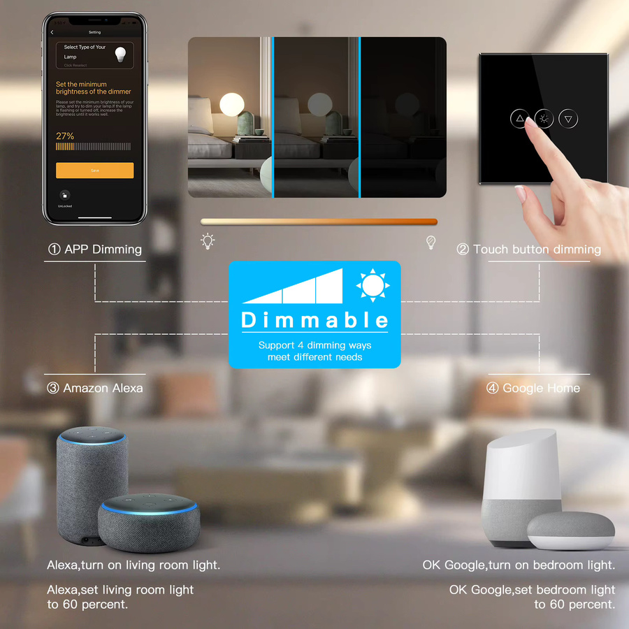 BSEED Smart WiFi Dimmer Schalter mit Tuya App-Steuerung, Dimmbarer LED Lichtschalter aus schwarzem Glas mit blauer Hintergrundbeleuchtung - Bild 3