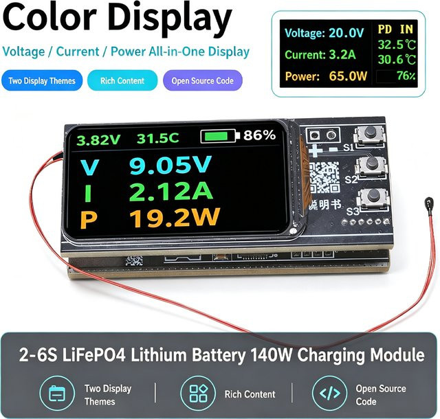 Diymore IP2366 Buck-Boost Schnelllademodul 140W für 2-6S LiFePO4 Lithium-Batterien mit 0,96 Zoll TFT-Bildschirm, PD PPS QC AFC, Schwarz - Bild 1