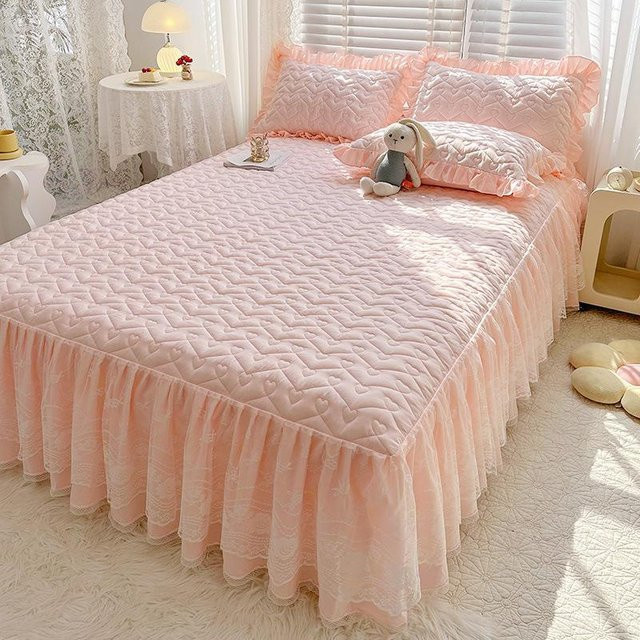 Your Warm Home Bettwäsche-Set im Prinzessinnen-Stil mit gestepptem Spannbettlaken und dreiteiliger Tagesdecke aus Baumwollspitze, Rosa, B/T: 120 x 200 cm - Bild 1