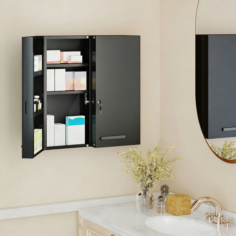 kleankin Medizinschrank aus Stahl mit 2 Türen und 6 Regalen, abschließbarer Erste-Hilfe-Schrank in Anthrazit Schwarz, B/T/H: 55 x 18 x 60 cm - Bild 2