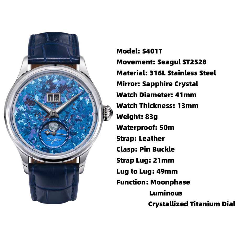 Sugess Armbanduhr, Automatik, Mondphase, Titan, Blau, Herren - Bild 6