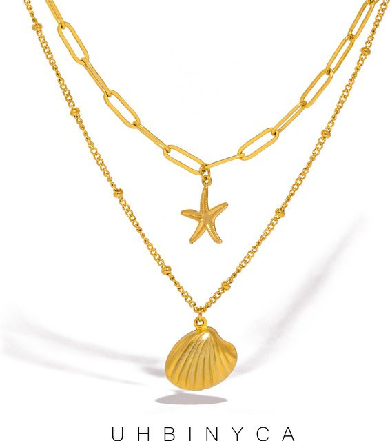 UHBINYCA Halskette, Edelstahl, Gold, Muschel-Seestern-Anhänger, Damen - Bild 1