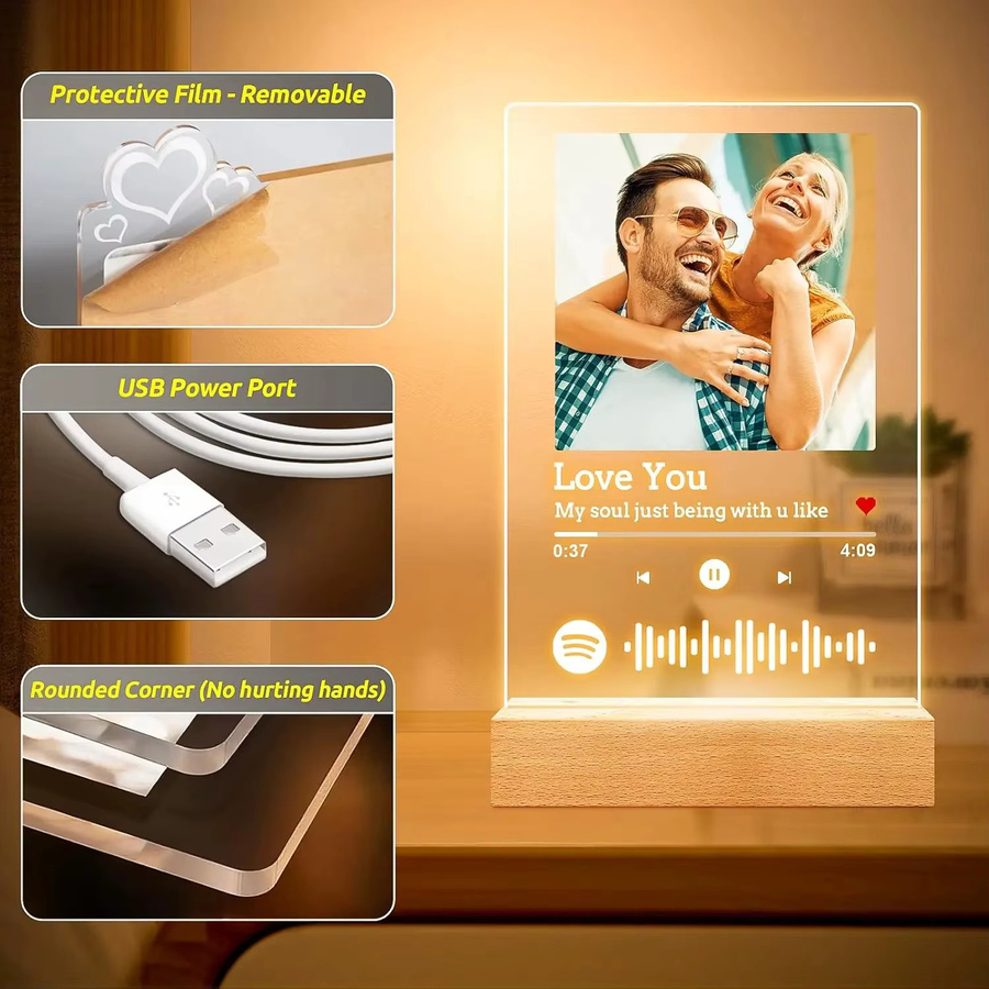 Personalisierte Spotify-Platte als Lampe mit Foto, individueller Acrylrahmen in Transparent mit warmweißem Licht und USB-Anschluss - Bild 3