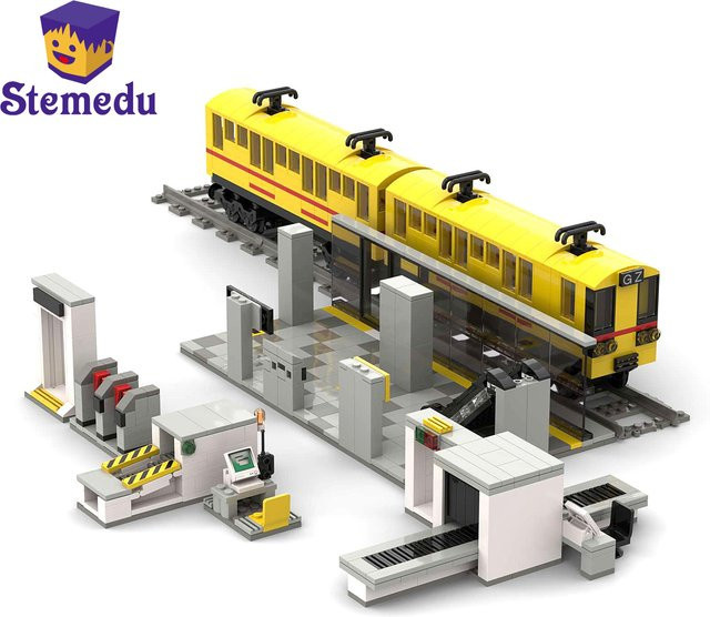 Stemedu MOC U-Bahn Zug und Bahnhof mit Sicherheits-Checkpoint als Modellbaustein-Set in Gelb - Bild 1