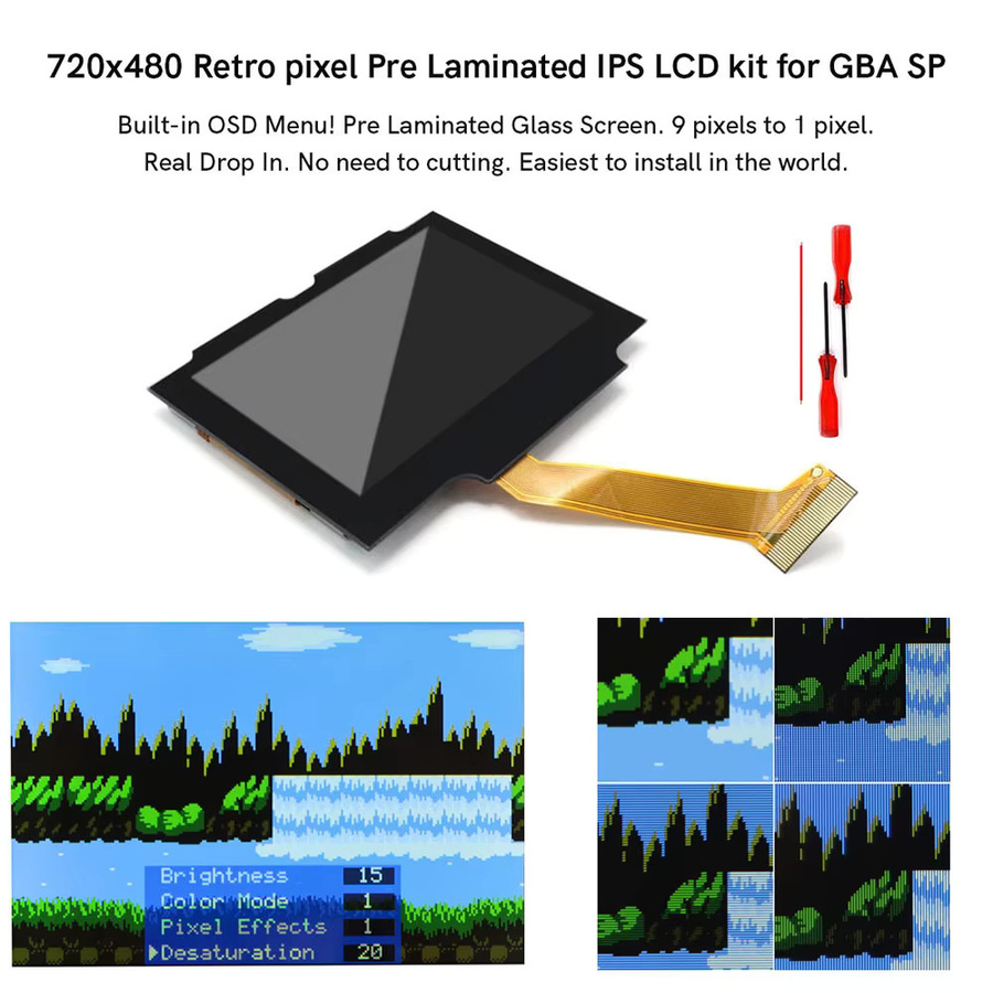 HISPEEDIDO Vorlaminierter IPS-LCD Bildschirm-Ersatz für GBA SP, 3,0 Zoll, 720*480 Auflösung, Schwarz - Bild 5