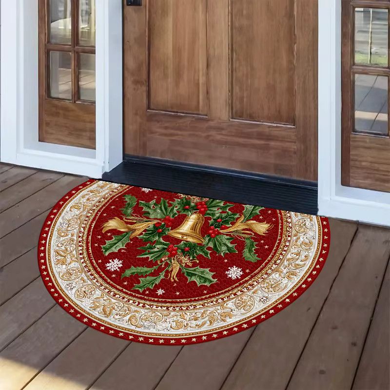 VIKAMA Weihnachts-Fußmatte im Vintage-Stil, halbrund, rot mit goldenen Glocken und Holly-Print, Druckteppich für deine Weihnachtsdekoration - Bild 4