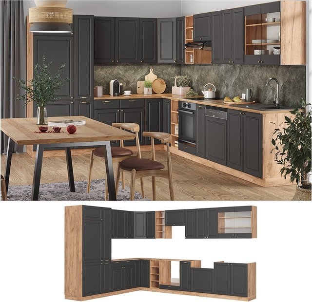 Vicco Eckküche Fame-Line Landhausstil Eiche Anthrazit Gold B/T/H: 347 x 257 cm - Bild 1
