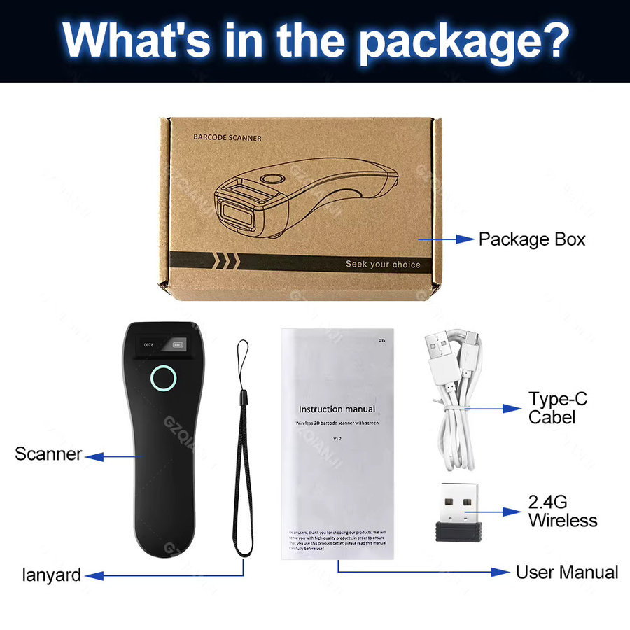 GZQIANJI Mobiler Mini-Bluetooth-Barcode-Scanner, 2,4 G kabelloses 2D-QR-1D-PDF417-Lesegerät mit LCD-Bildschirm, Schwarz - Bild 6