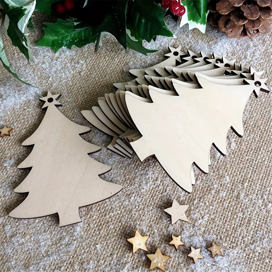 10 Stück Weihnachtsbaum-Anhänger aus Holz in Beige zum Basteln und Dekorieren - Bild 3