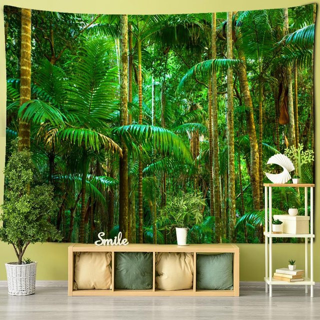 Wandteppich Super Six mit Waldlandschaft und Baum im Boho-Stil, Farbe Grün, B/H: 95 x 70 cm - Bild 1
