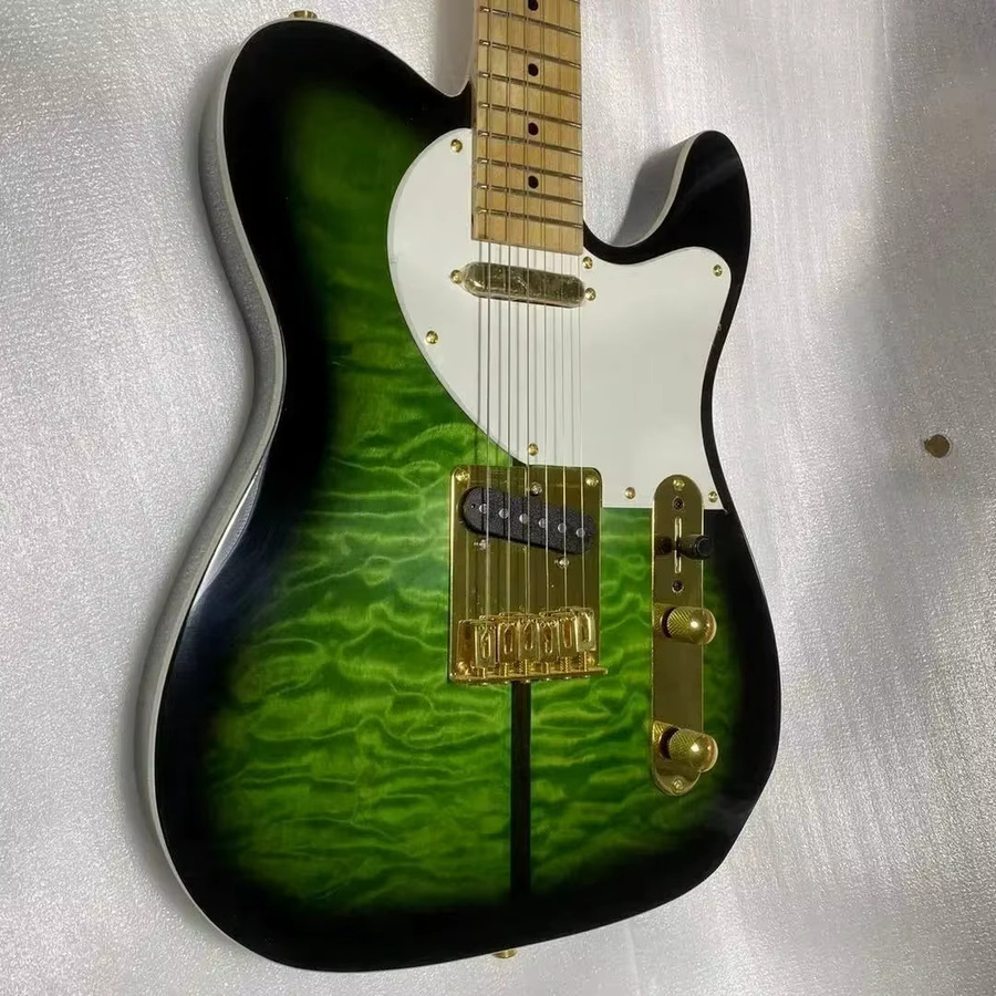 OUCEY Vintage E-Gitarre TELE01 mit grünem Tigerstreifen-Farbverlauf und goldener Hardware - Bild 3