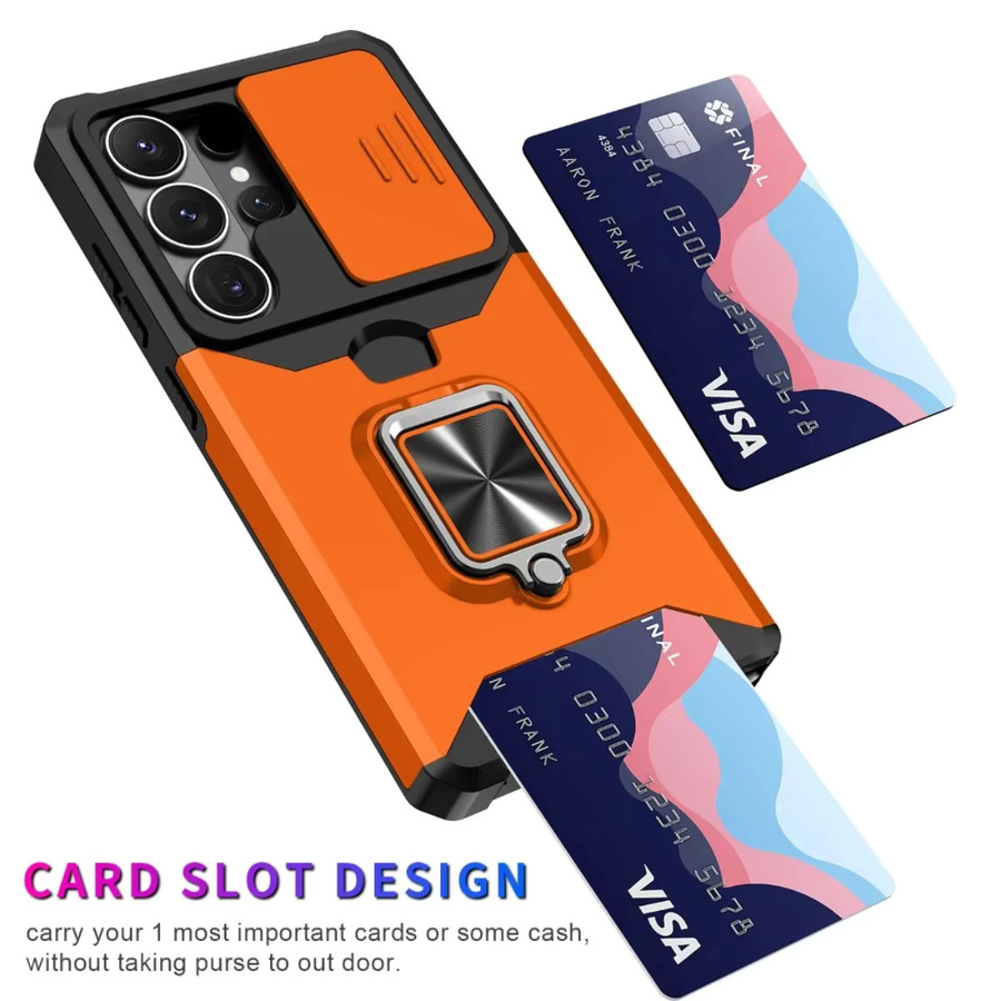 Samsung Handyhülle mit Kartenfach, Ringhalter und Schiebe-Kameraabdeckung in Orange für Android Smartphones - Bild 4
