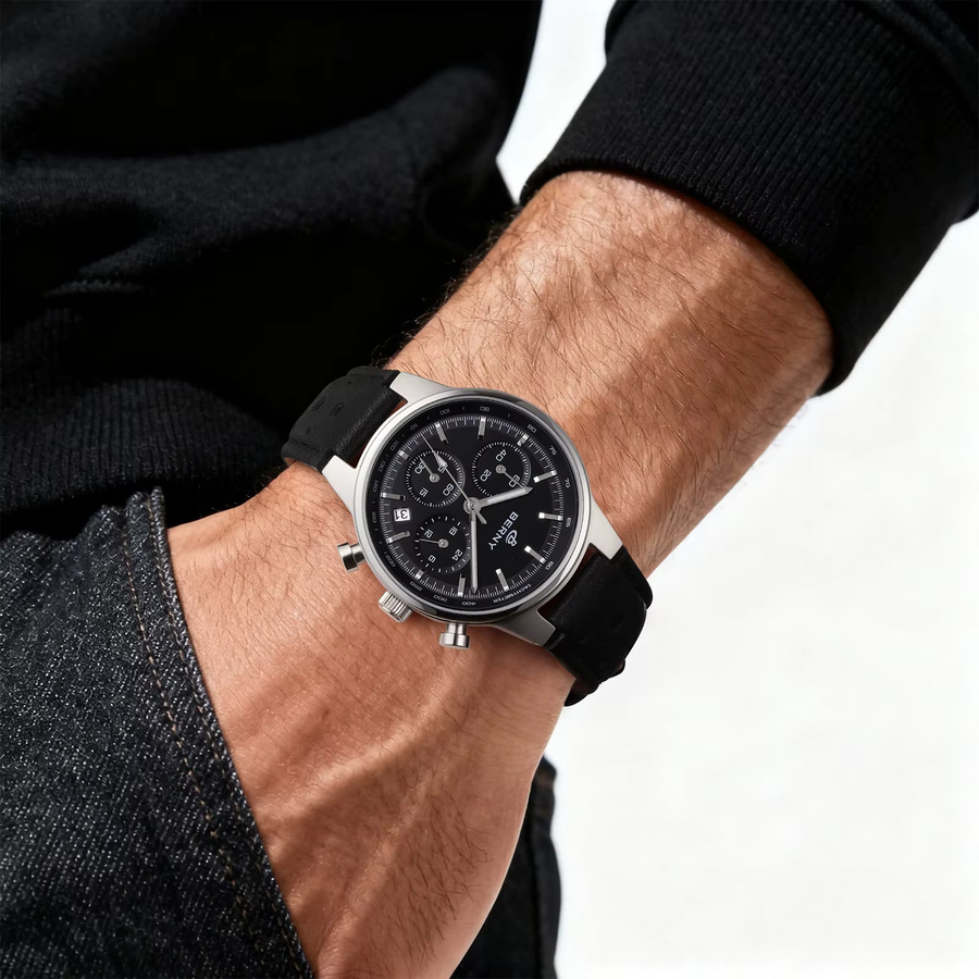 BERNY Chronograph, Quarz, Edelstahl, Leder, Schwarz, Herren - Bild 4