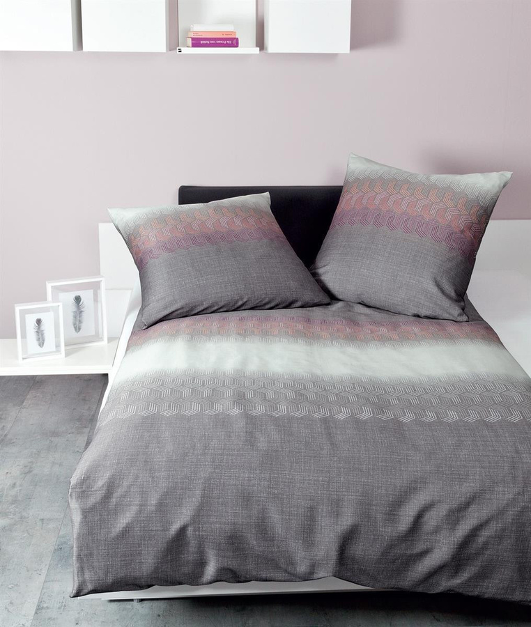 Janine Moments Mako-Satin Bettwäsche Streifen Grau Rosa Traube B/H: 240 x 220 cm mit Kissen 80 x 80 cm - Bild 1