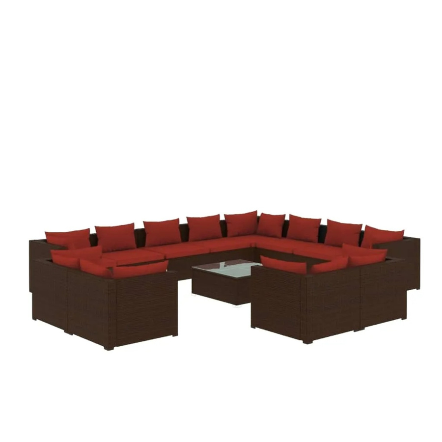 vidaXL 13-tlg. Garten-Lounge-Set in L-Form aus Poly-Rattan mit Kissen, Braun und Rot - Bild 2