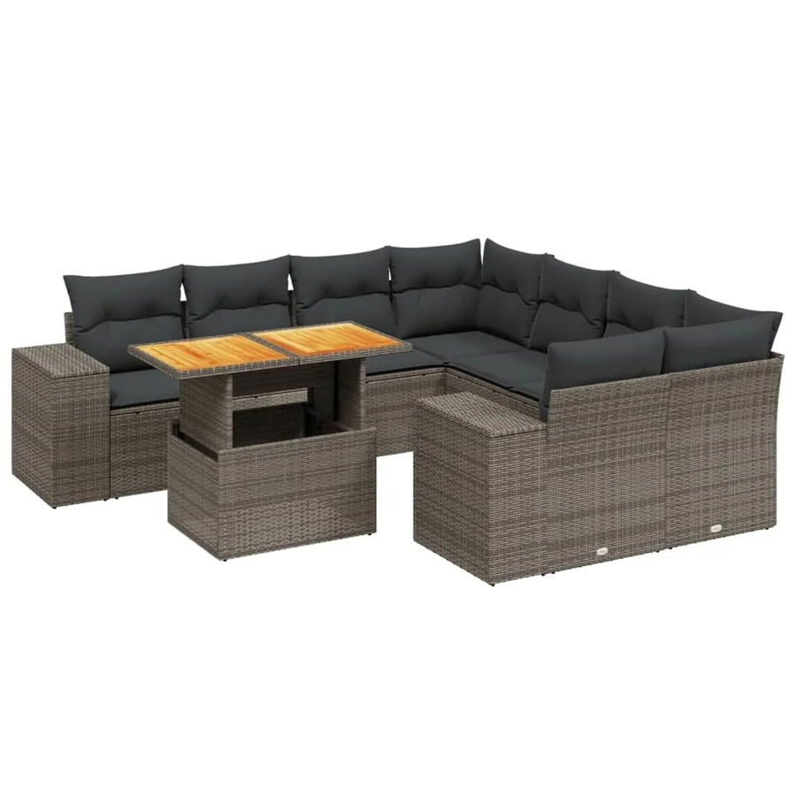 vidaXL 9-teilige Garten-Sofagarnitur in L-Form aus grauem Poly-Rattan mit Kissen und Akazienholz - Bild 2