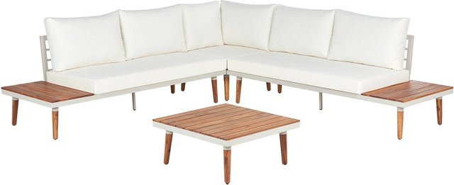 Beliani Lounge Set CORATO in Cremeweiß mit L-Form, Outdoor-Sofa, Eckelement und Couchtisch aus Akazienholz und pulverbeschichtetem Stahl - Bild 1