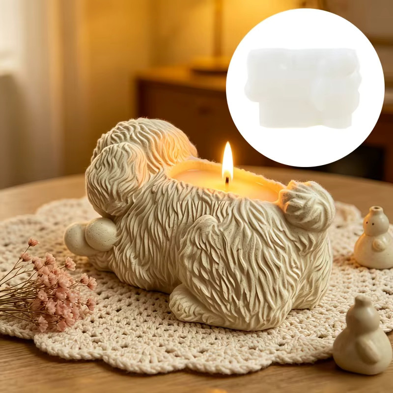 Silikonform für Hundeknochen-Kerzenbecher und Sukkulenten-Pflanztopf mit Motiv eines liegenden Hundes in Beige - Bild 3