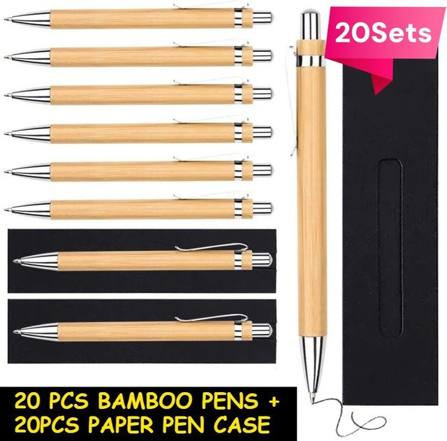20er Set Bambus-Kugelschreiber mit Geschenkbox und schwarzer Tinte - Bild 1