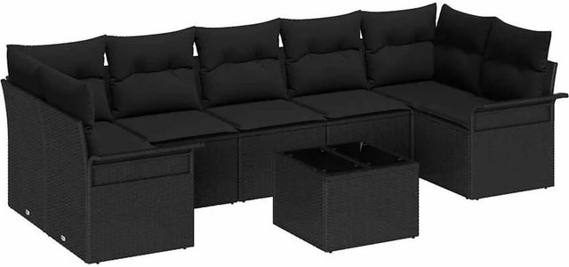 vidaXL 8-teiliges Garten-Sofa-Set aus Poly Rattan in Schwarz mit Kissen und Tisch in L-Form - Bild 1