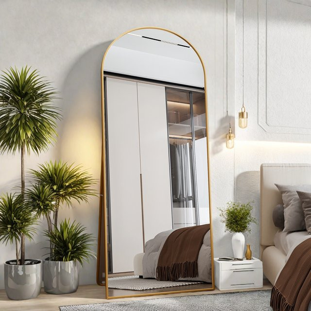 Superaly Gebogener Standspiegel in Gold, Großer Ankleidespiegel in voller Länge für dein Schlafzimmer, Höhe: 180 cm, Breite: 80 cm - Bild 1