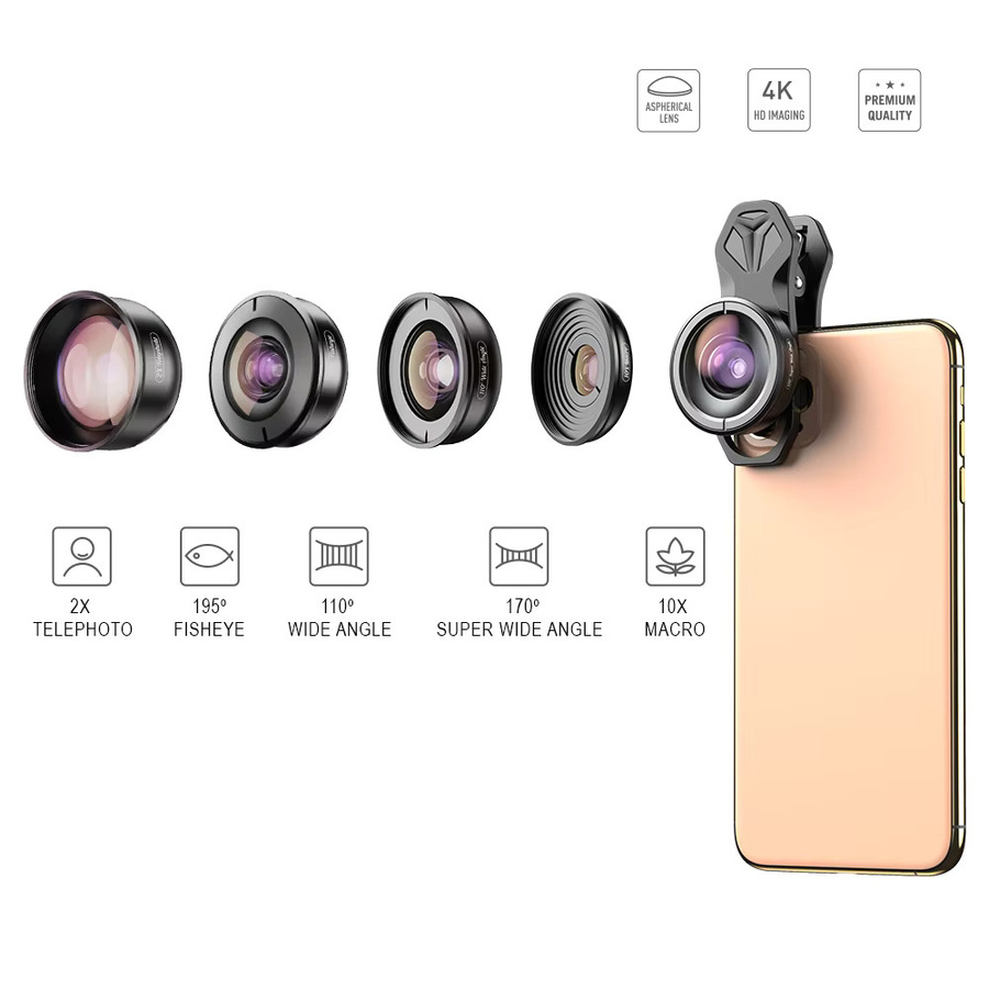 APEXEL 5-in-1 Kamera-Telefonobjektiv Set für iPhone und Android, 4K HD Makro-, Porträt- und Fisheye-Objektive mit CPL-Filter, Schwarz - Bild 2