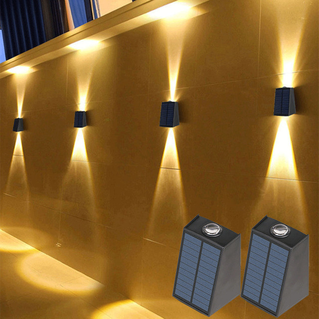 IEEYEEY Solar-Wandleuchte mit 2 LEDs in Schwarz, Up-and-Down-Beleuchtung, warmweißes Licht, wasserdichte Außenleuchte für Garten, Balkon und Terrasse - Bild 1