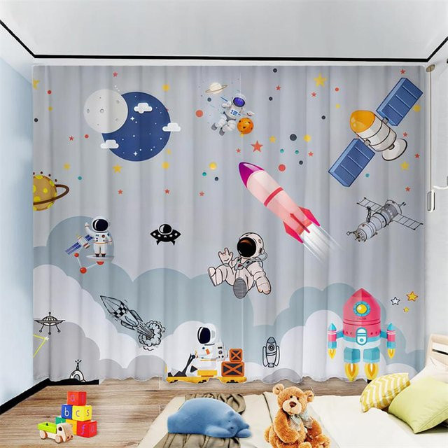 Yiran Furniture Kinderzimmer Vorhänge mit Astronauten-Cartoon, Rakete und Ballons, Set aus 2 Teilen, Mehrfarbig, B: 50 cm, H: 60 cm - Bild 1