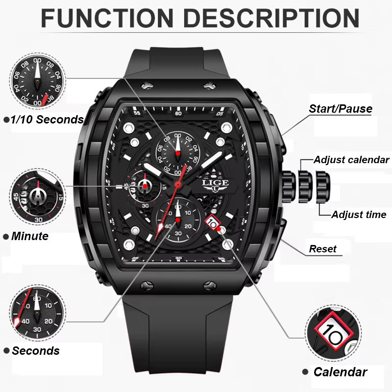 LIGE Armbanduhr Chronograph, Quarz, Silikon, Schwarz, Herren - Bild 2