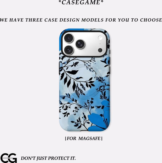 Casegame Matte Bumper Schutzhülle mit MagSafe für iPhone 17 16 15 14 13 Pro Max, Stoßfeste PC Hülle, Blau mit Lilien-Silhouette - Bild 1