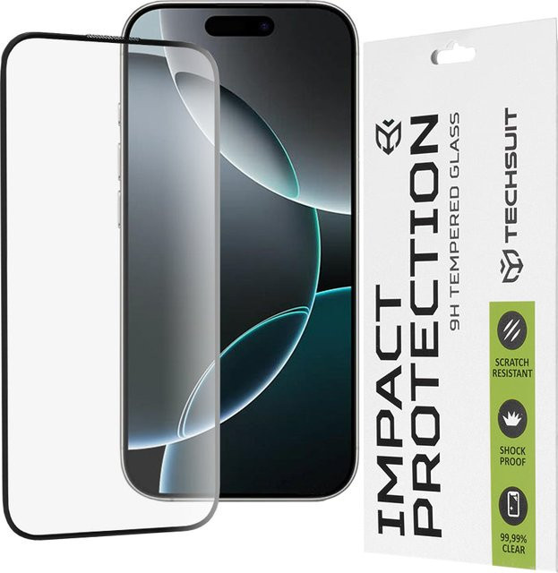 Techsuit Displayschutzfolie aus gehärtetem Glas für Apple iPhone 16 Pro, Full Glue, Schwarz - Bild 1