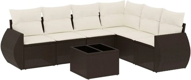 vidaXL 7-tlg Garten-Sofagarnitur in L-Form aus braunem Poly-Rattan mit Kissen und pulverbeschichtetem Stahlgestell - Bild 1