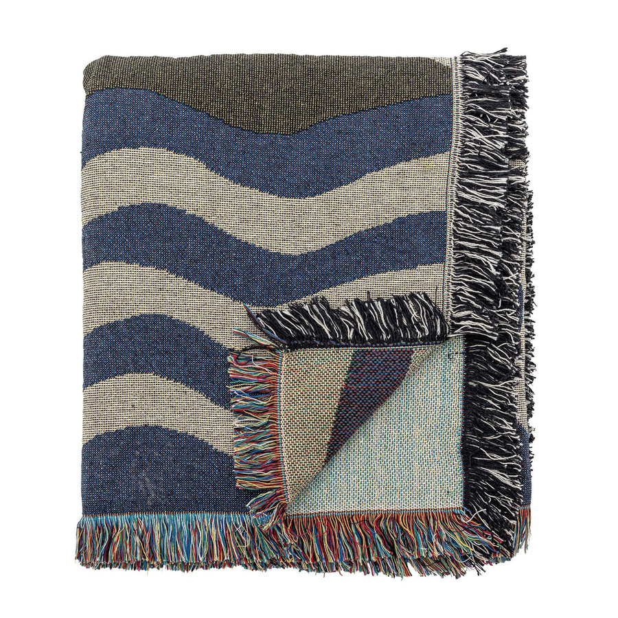 Bloomingville Plaid Vinay aus recycelter Baumwolle mit Fransen, geometrisches Design, B/B: 130 x 160 cm, Blau Beige Schwarz - Bild 1
