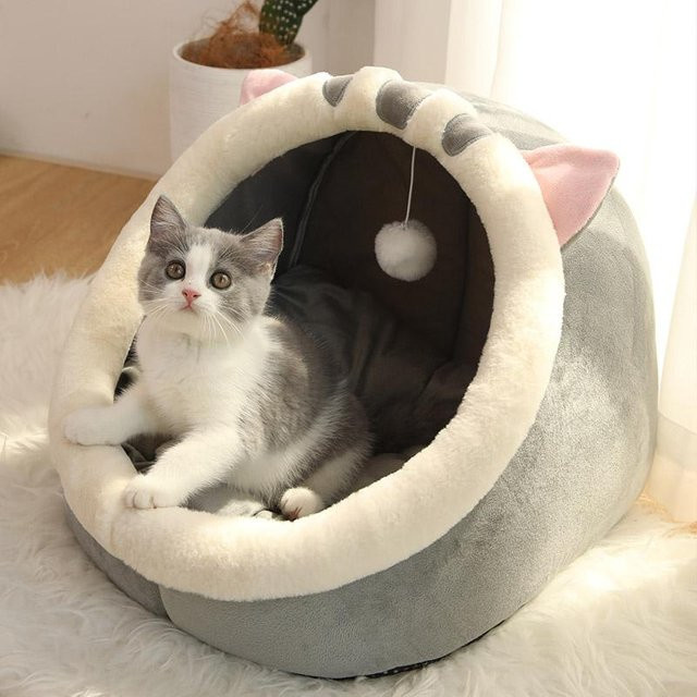 Haustierzelt-Höhlenbett für Katzen und kleine Hunde von Household supplies MH, selbstwärmendes Katzenbett aus Mikrofaser und Baumwolle, grau, abnehmbarer Bezug, Größe S - Bild 1