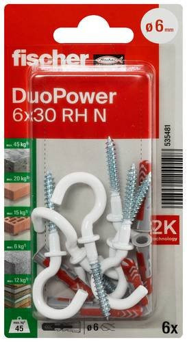 Fischer DuoPower Dübelset aus Nylon mit Rundhaken, Durchmesser: 6 mm, Länge: 30 mm - Bild 1
