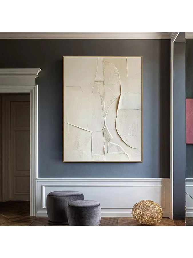 Minimalistisches abstraktes Leinwand-Ölgemälde in Cremeweiß und Beige im Wabi Sabi Stil mit 2D-Textur von Potdemiel - Bild 5
