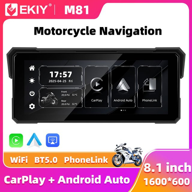 EKIY Wireless CarPlay und Android Auto Motorrad Display mit 8,1 Zoll GPS Navigation Bildschirm in Schwarz - Bild 1