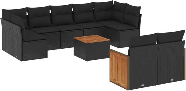 vidaXL 10-tlg. Garten-Sofagarnitur in L-Form aus Polyrattan mit Kissen in Schwarz - Bild 1