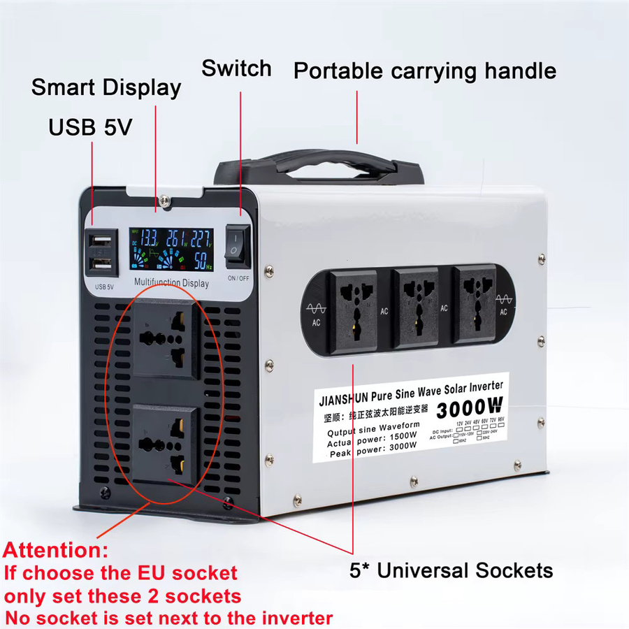 Reiner Sinus-Wechselrichter mit 3000 W Leistung, DC 12 V bis 72 V zu AC 110 V oder 220 V, Solar-Auto-Wechselrichter mit LED-Anzeige - Bild 2