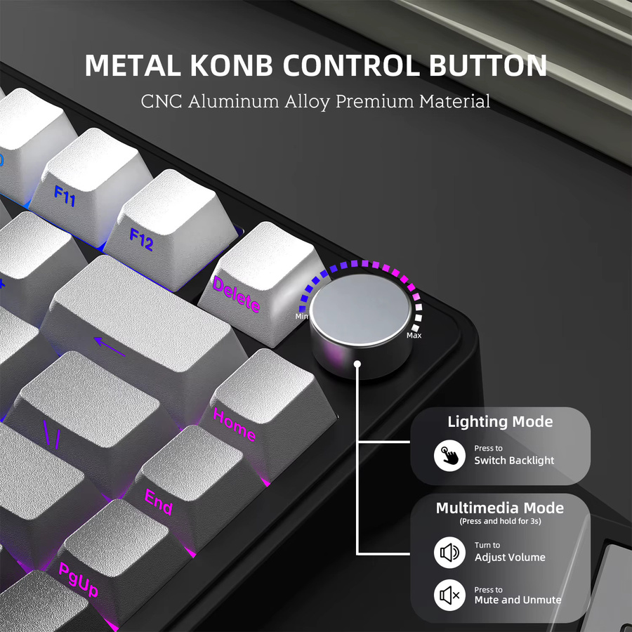 ATTACK SHARK X85 Tri-Mode Mechanische Tastatur 75 % mit CNC-Knopf, RGB-Hintergrundbeleuchtung und Hot-Swap in Weiß-Lila - Bild 4