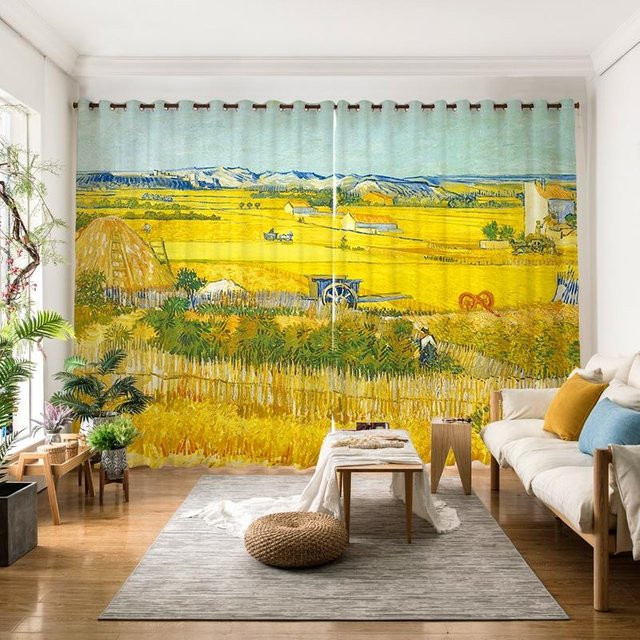 2-teiliges Set Van Gogh Sternennacht Vorhänge mit Ösen, halbtransparentes Polyester, Gelb, B: 85 cm, H: 200 cm - Bild 1