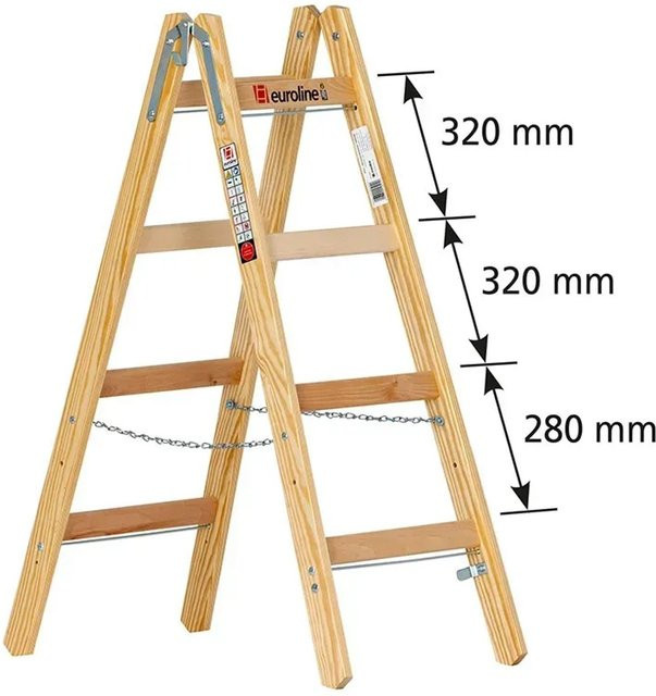Euroline Holz Sprossenstehleiter Nr. 12506 mit Eimerhaken, 2x4 Sprossen, Braun - Bild 1