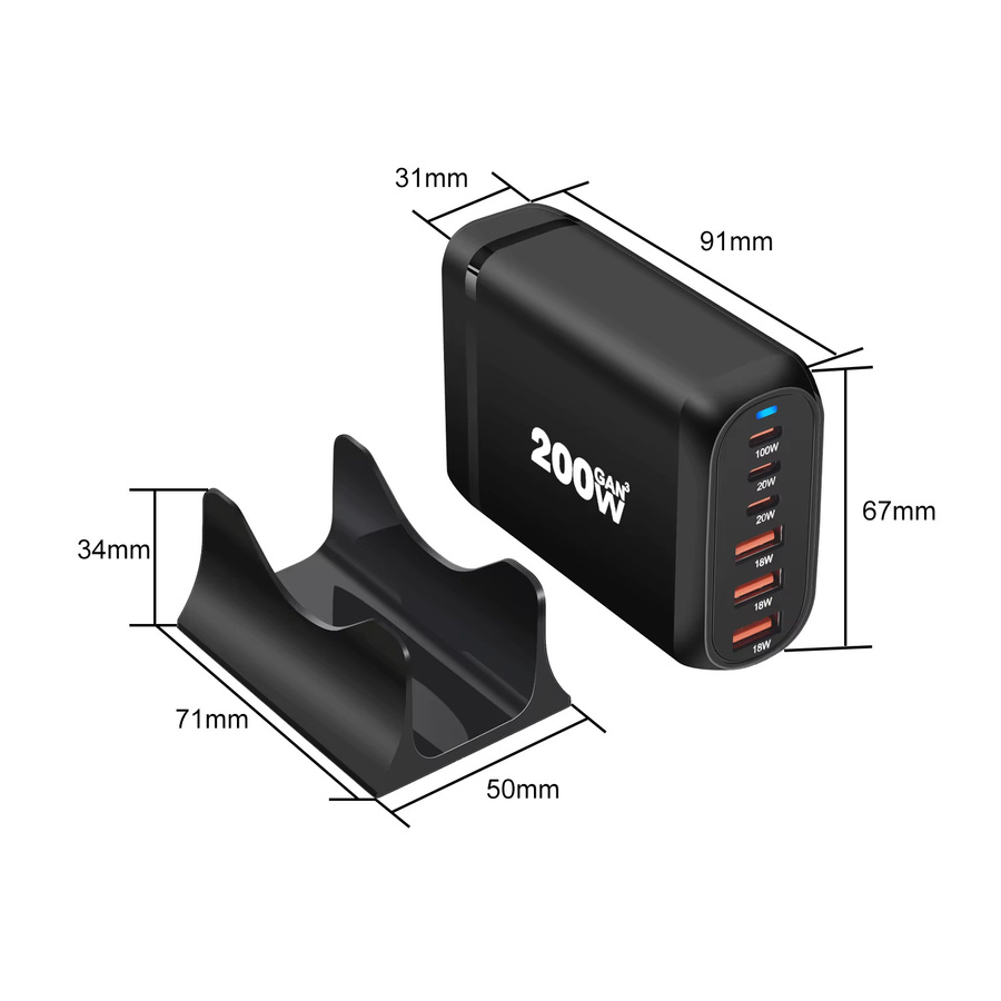 deepartner GaN Ladestation mit 6 USB-Ports, 200W Schnellladegerät in Schwarz, 3A3C USB Typ C PD Quick Charge 3.0 für Laptop - Bild 4