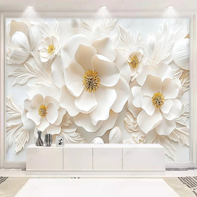 Luxus 3D Relief Blumen Tapete in Weiß für Wohnzimmer, Schlafzimmer und Arbeitszimmer - Bild 1