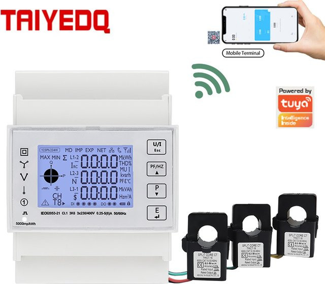 TAIYEDQ WLAN Smart Elektroenergie-Wattmeter 3-Phasen KWh Bidirektionaler Zähler mit drei KCT16 Stromwandlern 230/400VAC in Weiß - Bild 1