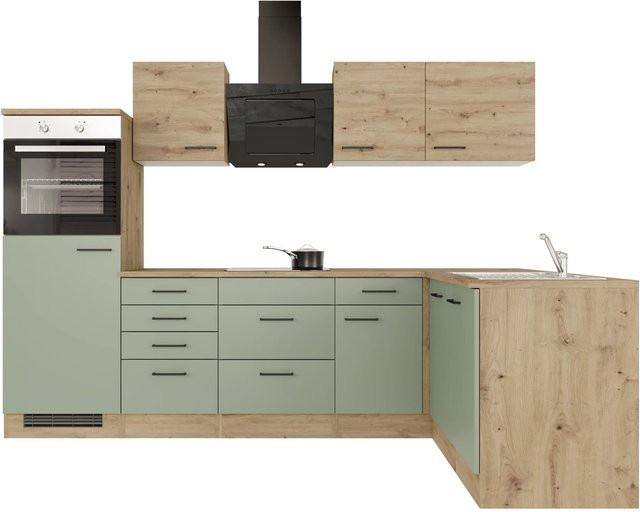 Flex-Well Winkelküche Cara Modern in Schilfgrün Matt und Artisan Eiche mit Edelstahl-Elementen B/H/T: 280 x 85 x 60 cm - Bild 1