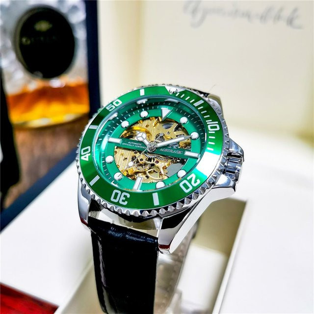 AOKULASIC Armbanduhr, Automatik, Edelstahl, Leder, Schwarz, Herren - Bild 1